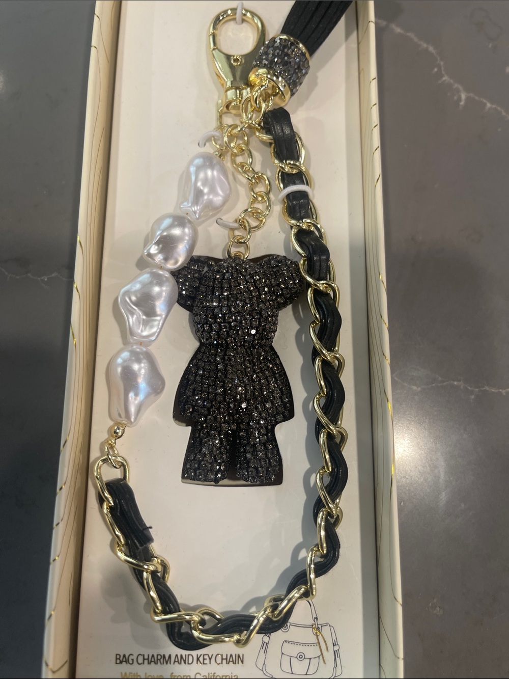 Black Crystal Bear Bag Charm Keychain with Pearl Accents